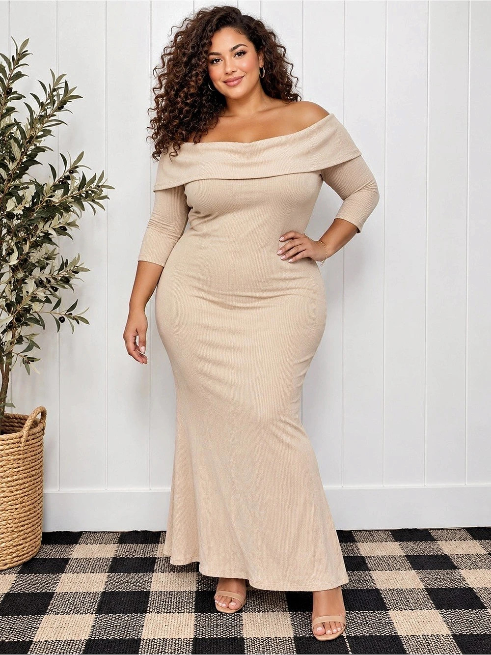Fashion Nova Off-Shoulder Maxi Dress in Beige Size 2X Like New